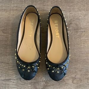 Report Gold Spiked Black Leather Ballet Flats